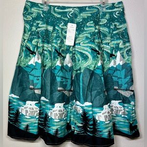 A-line Skirt with pockets pleated Winter mountain scene cotton Size XXL